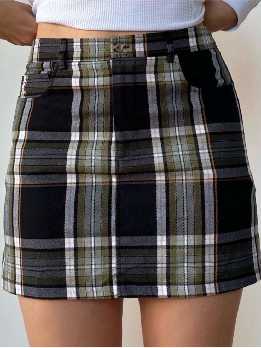 Y2K Black Green Plaid Mini Skirt High Waisted Grunge size M